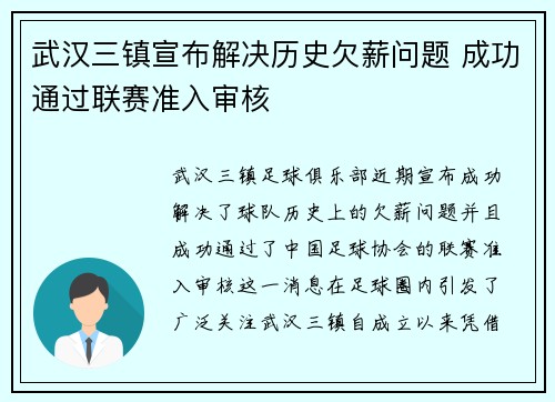 武汉三镇宣布解决历史欠薪问题 成功通过联赛准入审核