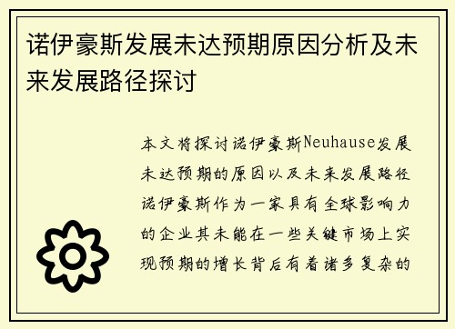 诺伊豪斯发展未达预期原因分析及未来发展路径探讨 诺伊豪斯发展未达预期原因分析及未来发展路径探讨